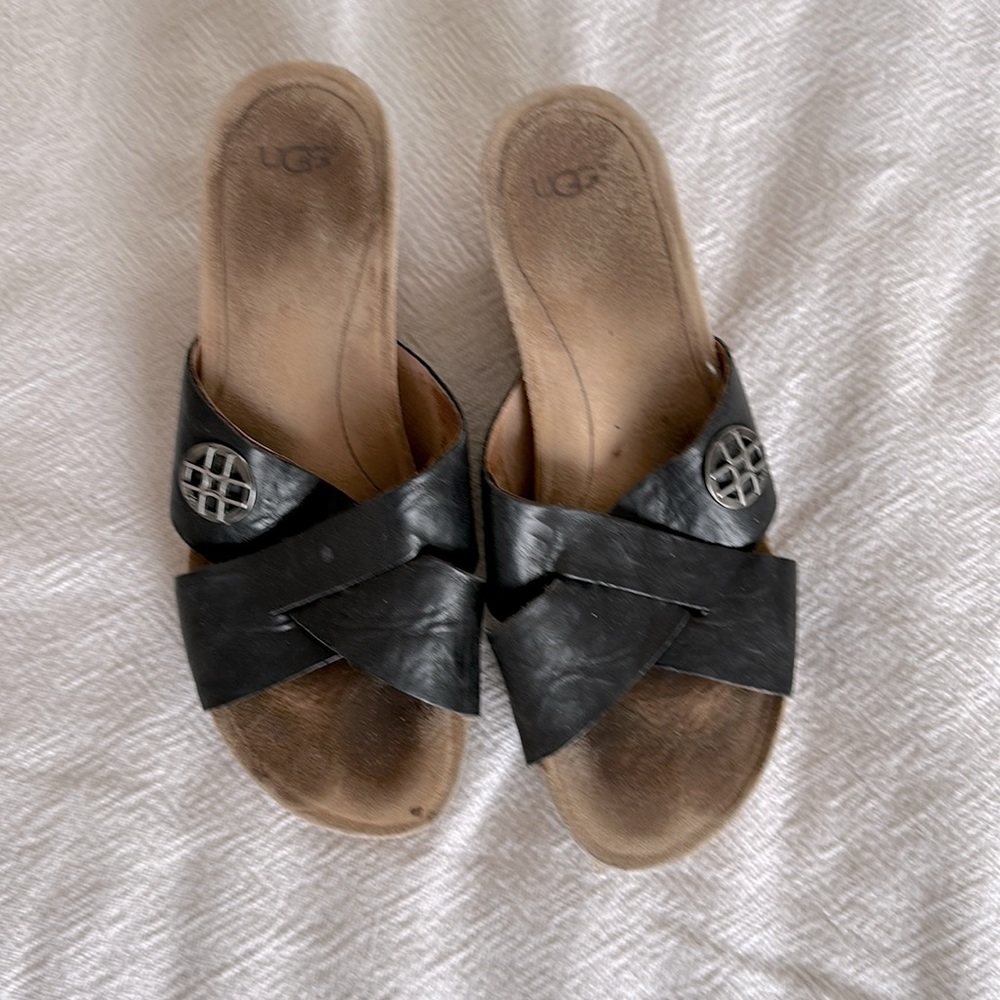 Black leather cork wedges UGG size 7.5